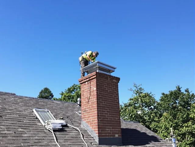 Meriden Chimney Sweep technician measuring a chimney cap in Meriden, CT